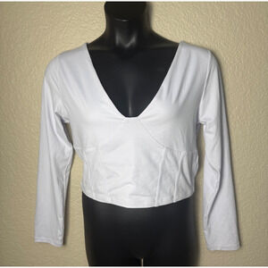 Long Sleeve White Crop Top Corset Waist Reoria 2XL Y2K V Neck Stretch
